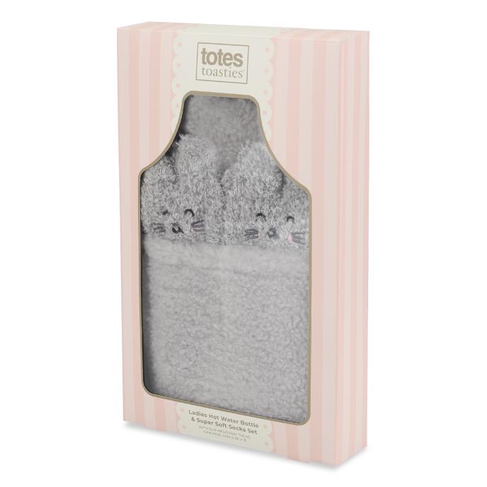 totes Faux Fur Hot Water Bottle with Cosy Sock Gift Set Grey Extra Image 1